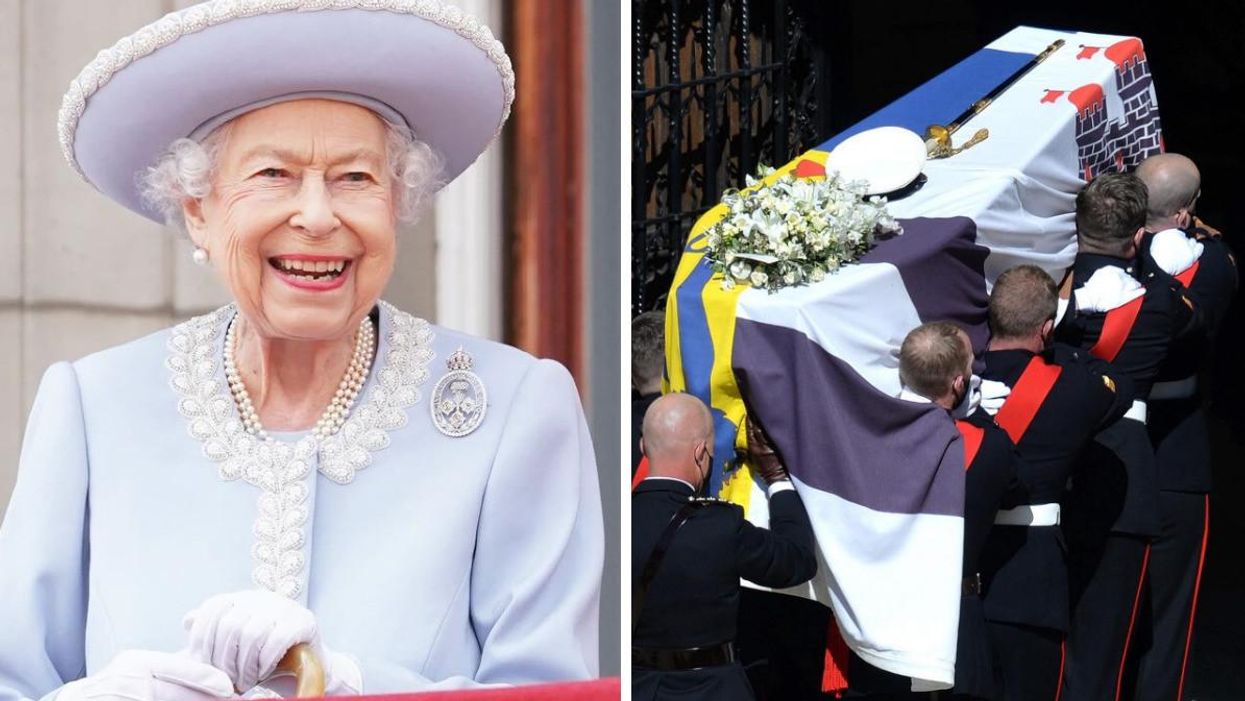 queen elizabeth ii right the coffin of prince philip being carried into windsor castle